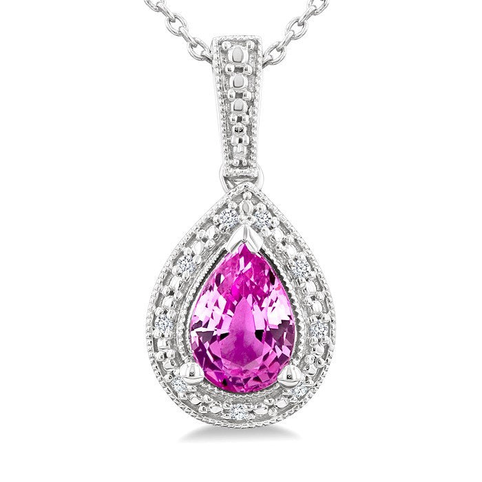 7X5 MM Pear Shape Lab-Created Pink Sapphire and 1/50 Ctw Round Cut Diamond Precious Pendant With Chain in Sterling Silver