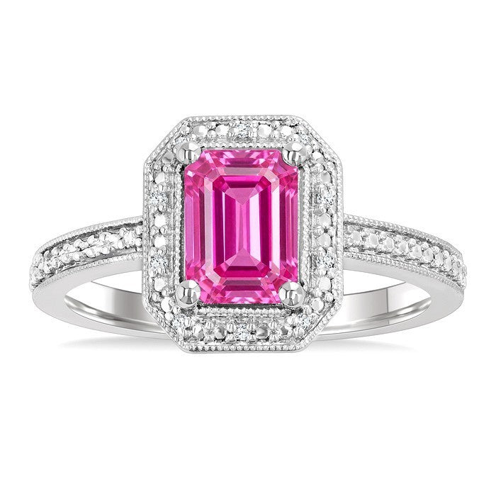 7X5 MM Octagon Shape Lab-Created Pink Sapphire and 1/50 Ctw Round Cut Diamond Precious Ring in Sterling Silver