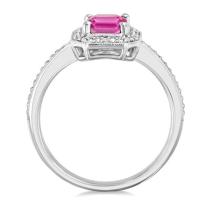 7X5 MM Octagon Shape Lab-Created Pink Sapphire and 1/50 Ctw Round Cut Diamond Precious Ring in Sterling Silver
