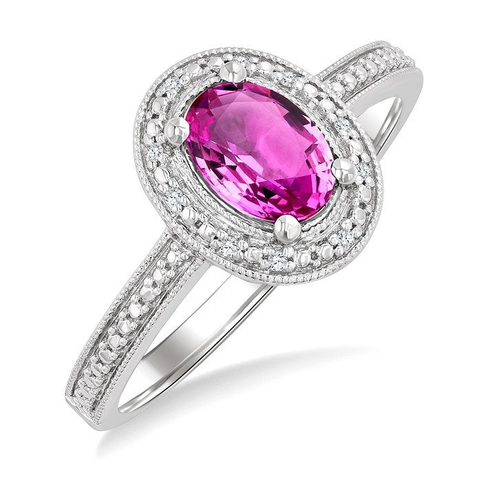 7X5 MM Oval Shape Lab-Created Pink Sapphire and 1/50 Ctw Round Cut Diamond Precious Ring in Sterling Silver