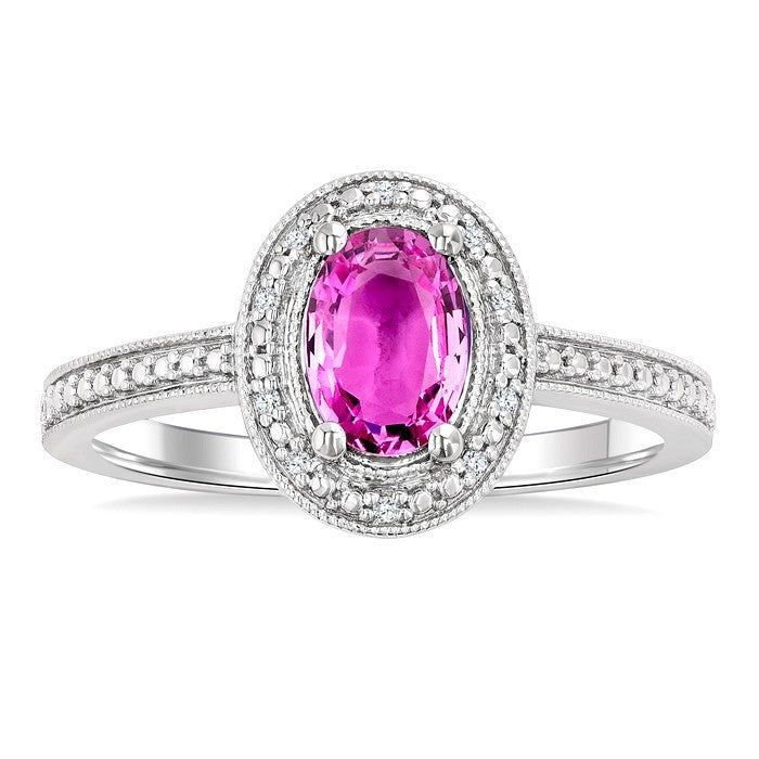 7X5 MM Oval Shape Lab-Created Pink Sapphire and 1/50 Ctw Round Cut Diamond Precious Ring in Sterling Silver