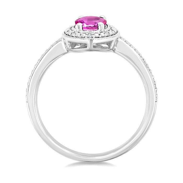 7X5 MM Oval Shape Lab-Created Pink Sapphire and 1/50 Ctw Round Cut Diamond Precious Ring in Sterling Silver