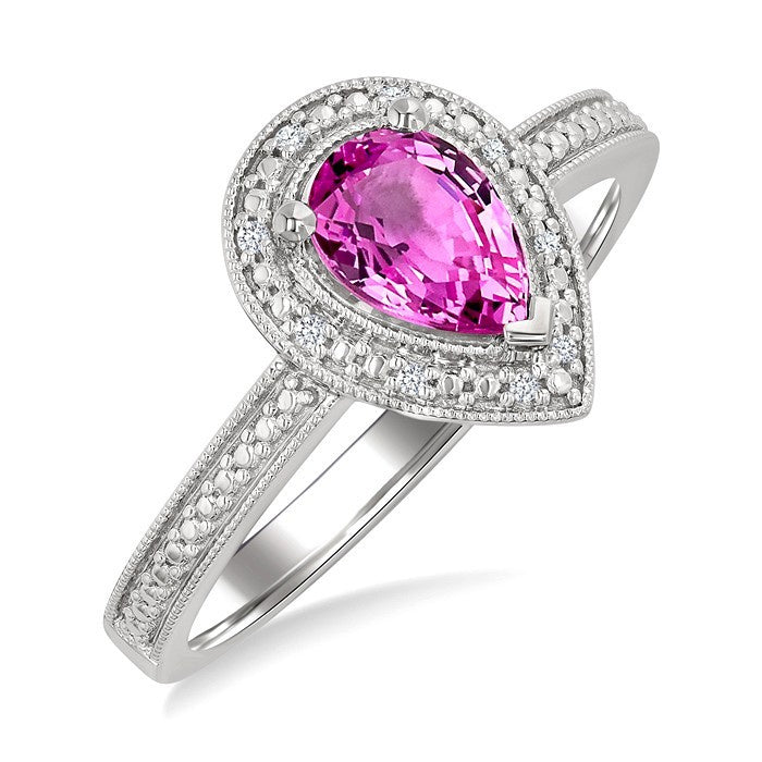 7X5 MM Pear Shape Lab-Created Pink Sapphire and 1/50 Ctw Round Cut Diamond Precious Ring in Sterling Silver