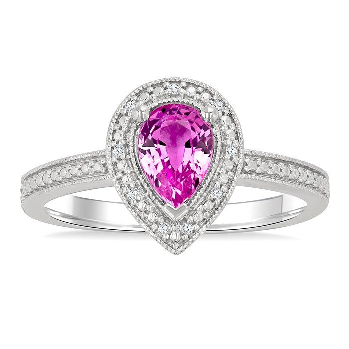 7X5 MM Pear Shape Lab-Created Pink Sapphire and 1/50 Ctw Round Cut Diamond Precious Ring in Sterling Silver