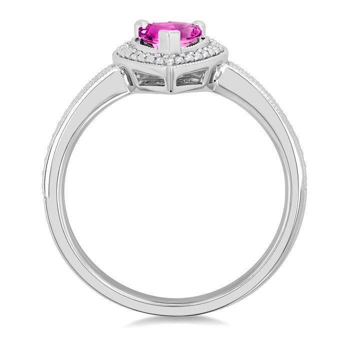 7X5 MM Pear Shape Lab-Created Pink Sapphire and 1/50 Ctw Round Cut Diamond Precious Ring in Sterling Silver