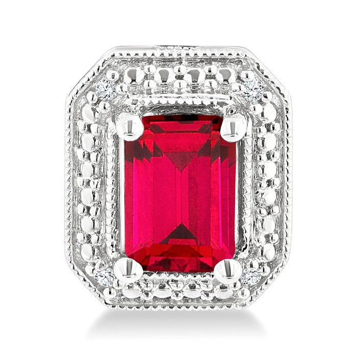 6X4 MM Octagon Shape Lab-Created Ruby and 1/50 Ctw Round Cut Diamond Precious Earrings in Sterling Silver