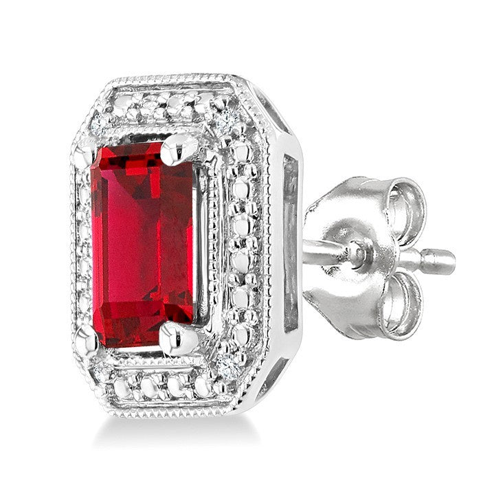 6X4 MM Octagon Shape Lab-Created Ruby and 1/50 Ctw Round Cut Diamond Precious Earrings in Sterling Silver
