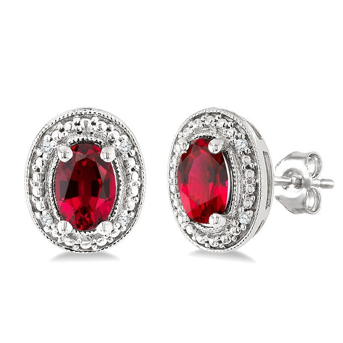 6X4 MM Oval Shape Lab-Created Ruby and 1/50 Ctw Round Cut Diamond Precious Earrings in Sterling Silver