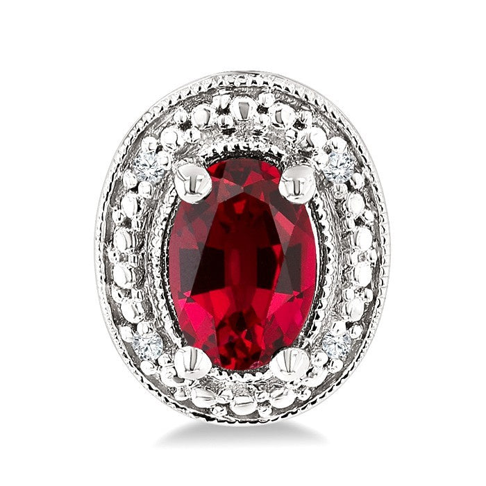 6X4 MM Oval Shape Lab-Created Ruby and 1/50 Ctw Round Cut Diamond Precious Earrings in Sterling Silver