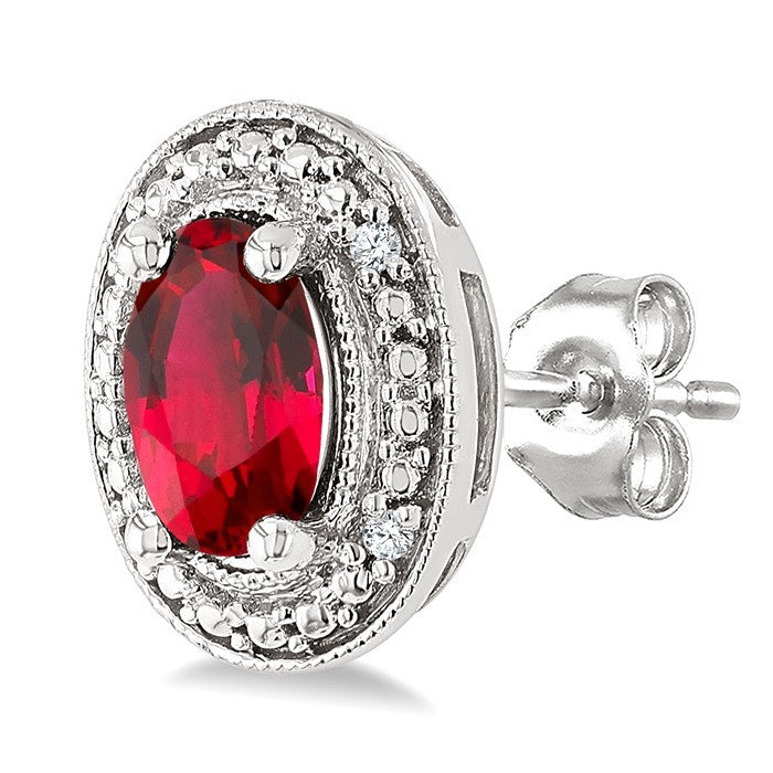 6X4 MM Oval Shape Lab-Created Ruby and 1/50 Ctw Round Cut Diamond Precious Earrings in Sterling Silver