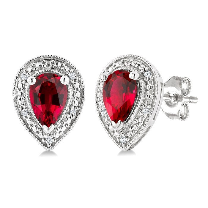 6X4 MM Pear Shape Lab-Created Ruby and 1/50 Ctw Round Cut Diamond Precious Earrings in Sterling Silver