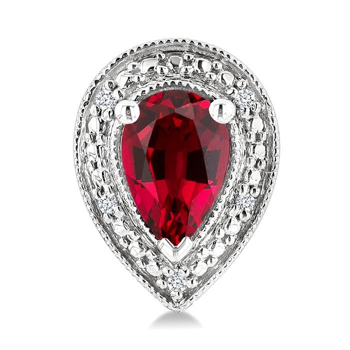 6X4 MM Pear Shape Lab-Created Ruby and 1/50 Ctw Round Cut Diamond Precious Earrings in Sterling Silver