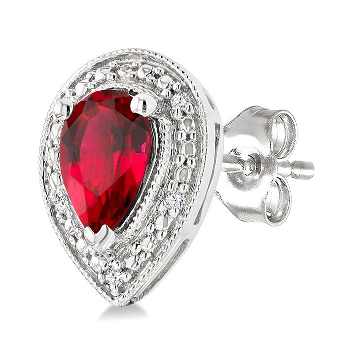 6X4 MM Pear Shape Lab-Created Ruby and 1/50 Ctw Round Cut Diamond Precious Earrings in Sterling Silver