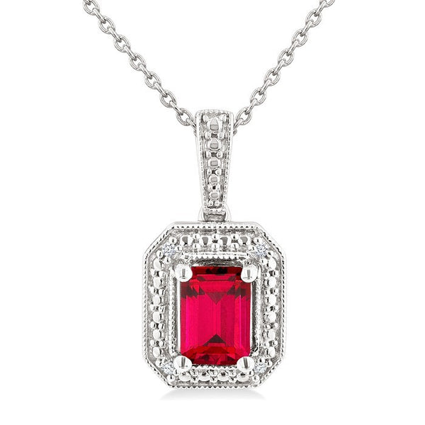 7X5 MM Octagon Shape Lab-Created Ruby and 1/50 Ctw Round Cut Diamond Precious Pendant With Chain in Sterling Silver