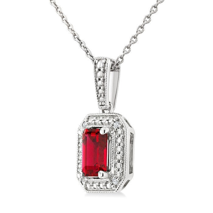 7X5 MM Octagon Shape Lab-Created Ruby and 1/50 Ctw Round Cut Diamond Precious Pendant With Chain in Sterling Silver