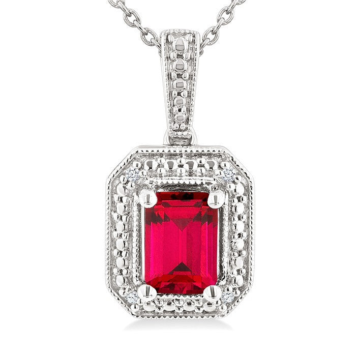 7X5 MM Octagon Shape Lab-Created Ruby and 1/50 Ctw Round Cut Diamond Precious Pendant With Chain in Sterling Silver