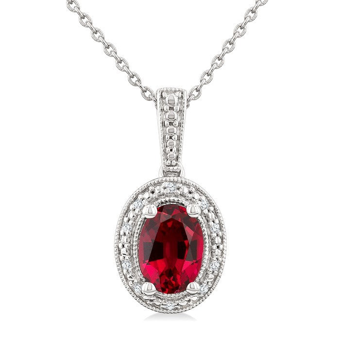 7X5 MM Oval Shape Lab-Created Ruby and 1/50 Ctw Round Cut Diamond Precious Pendant With Chain in Sterling Silver
