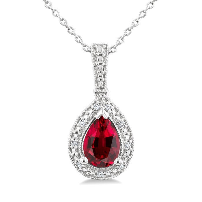 7X5 MM Pear Shape Lab-Created Ruby and 1/50 Ctw Round Cut Diamond Precious Pendant With Chain in Sterling Silver
