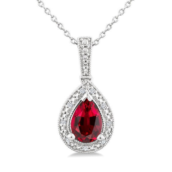 7X5 MM Pear Shape Lab-Created Ruby and 1/50 Ctw Round Cut Diamond Precious Pendant With Chain in Sterling Silver