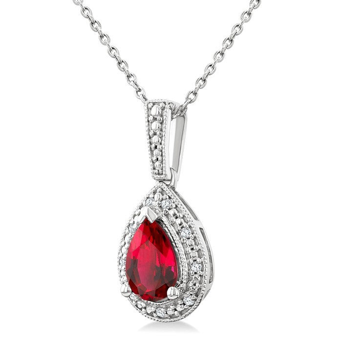 7X5 MM Pear Shape Lab-Created Ruby and 1/50 Ctw Round Cut Diamond Precious Pendant With Chain in Sterling Silver