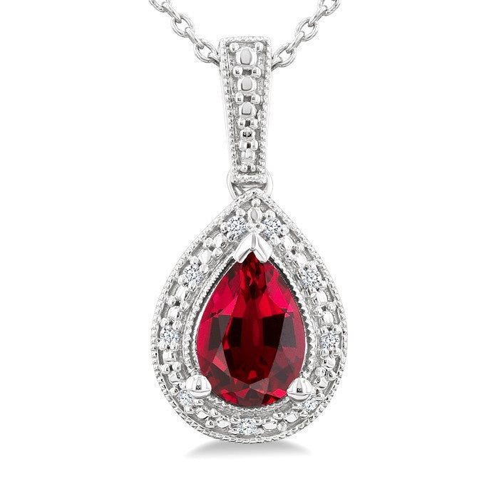 7X5 MM Pear Shape Lab-Created Ruby and 1/50 Ctw Round Cut Diamond Precious Pendant With Chain in Sterling Silver