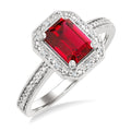 7X5 MM Octagon Shape Lab-Created Ruby and 1/50 Ctw Round Cut Diamond Precious Ring in Sterling Silver