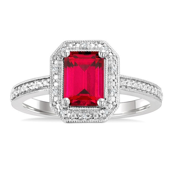 7X5 MM Octagon Shape Lab-Created Ruby and 1/50 Ctw Round Cut Diamond Precious Ring in Sterling Silver