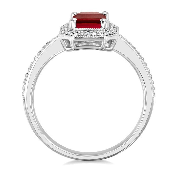 7X5 MM Octagon Shape Lab-Created Ruby and 1/50 Ctw Round Cut Diamond Precious Ring in Sterling Silver