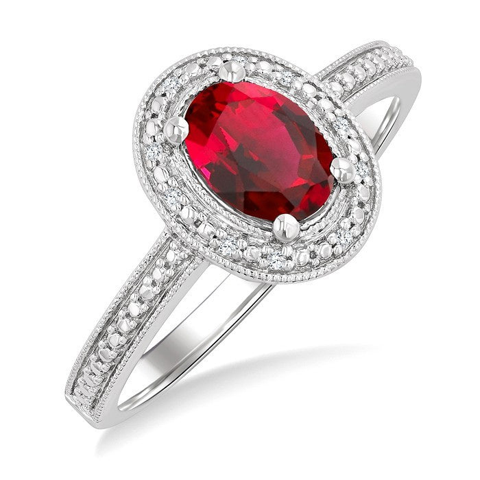 7X5 MM Oval Shape Lab-Created Ruby and 1/50 Ctw Round Cut Diamond Precious Ring in Sterling Silver