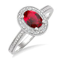7X5 MM Oval Shape Lab-Created Ruby and 1/50 Ctw Round Cut Diamond Precious Ring in Sterling Silver