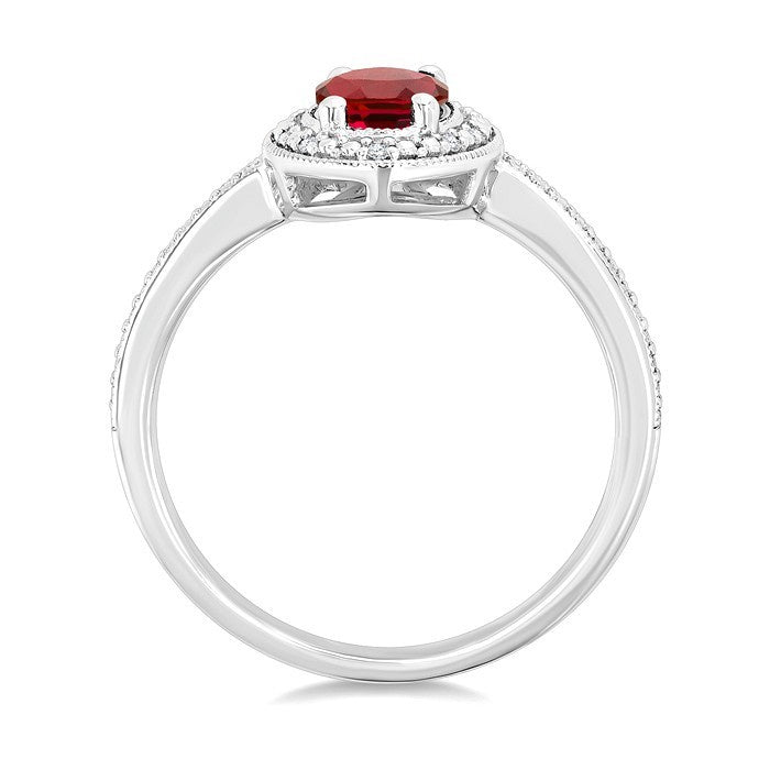7X5 MM Oval Shape Lab-Created Ruby and 1/50 Ctw Round Cut Diamond Precious Ring in Sterling Silver