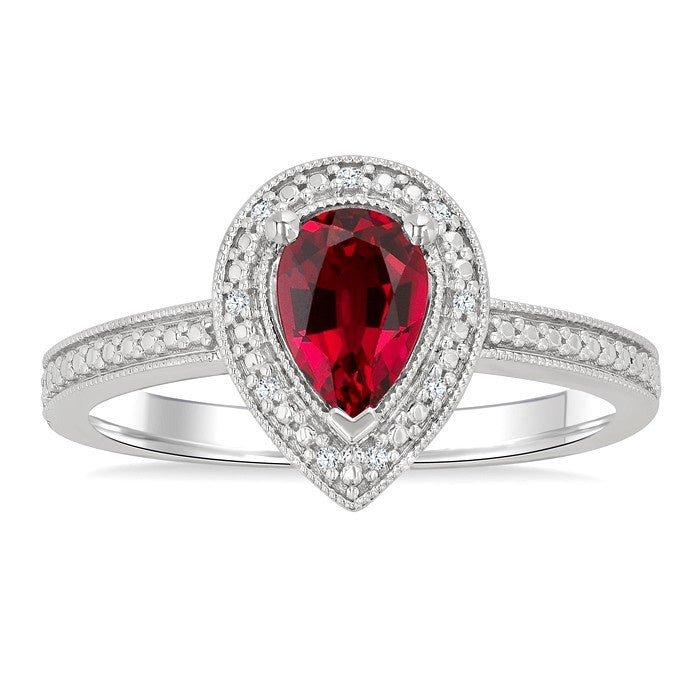 7X5 MM Pear Shape Lab-Created Ruby and 1/50 Ctw Round Cut Diamond Precious Ring in Sterling Silver