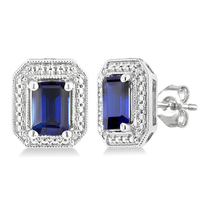 6X4 MM Octagon Shape Lab-Created Sapphire and 1/50 Ctw Round Cut Diamond Precious Earrings in Sterling Silver