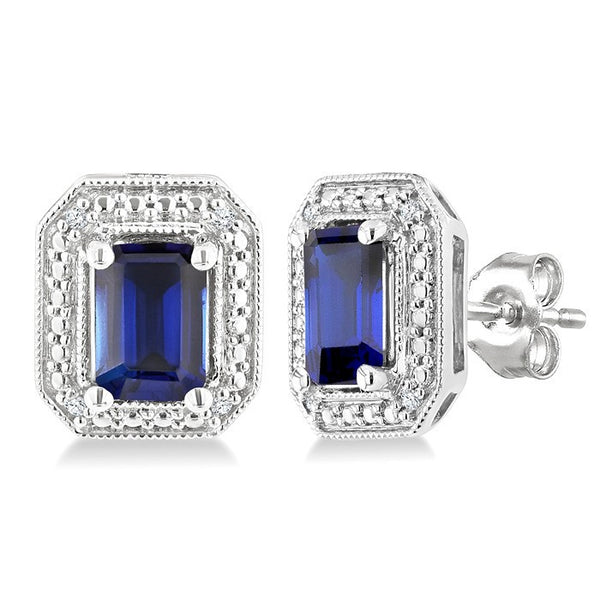 6X4 MM Octagon Shape Lab-Created Sapphire and 1/50 Ctw Round Cut Diamond Precious Earrings in Sterling Silver