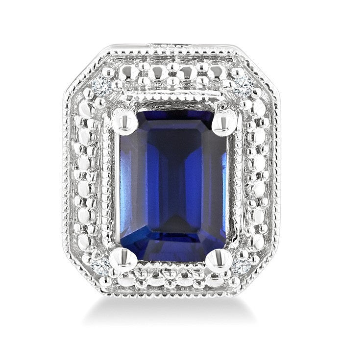 6X4 MM Octagon Shape Lab-Created Sapphire and 1/50 Ctw Round Cut Diamond Precious Earrings in Sterling Silver
