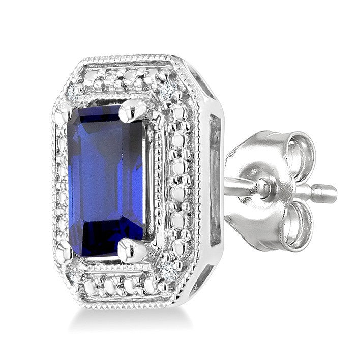 6X4 MM Octagon Shape Lab-Created Sapphire and 1/50 Ctw Round Cut Diamond Precious Earrings in Sterling Silver
