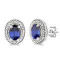 6X4 MM Oval Shape Lab-Created Sapphire and 1/50 Ctw Round Cut Diamond Precious Earrings in Sterling Silver