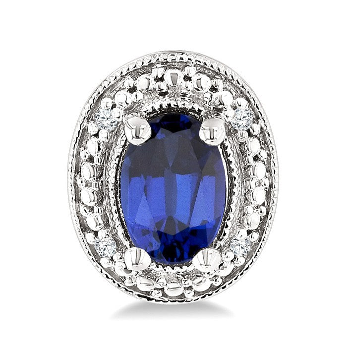 6X4 MM Oval Shape Lab-Created Sapphire and 1/50 Ctw Round Cut Diamond Precious Earrings in Sterling Silver