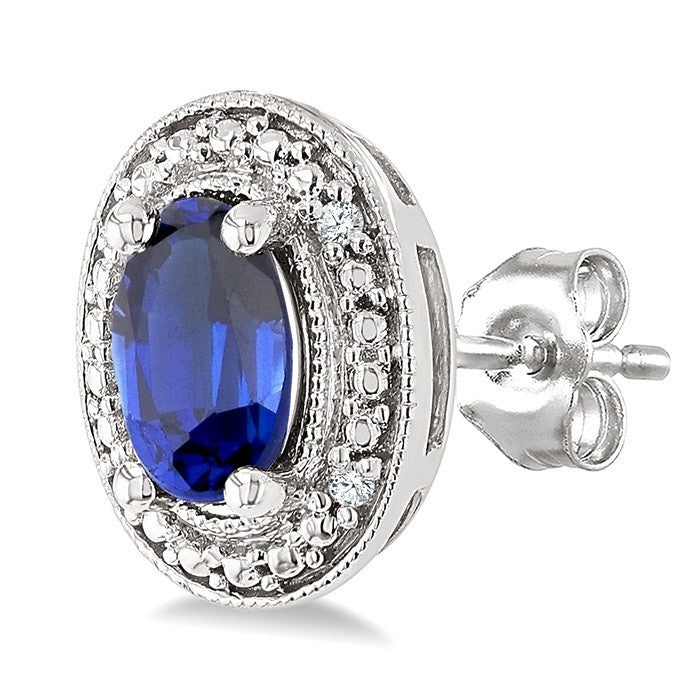 6X4 MM Oval Shape Lab-Created Sapphire and 1/50 Ctw Round Cut Diamond Precious Earrings in Sterling Silver