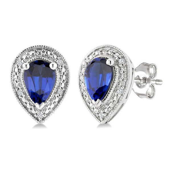 6X4 MM Pear Shape Lab-Created Sapphire and 1/50 Ctw Round Cut Diamond Precious Earrings in Sterling Silver