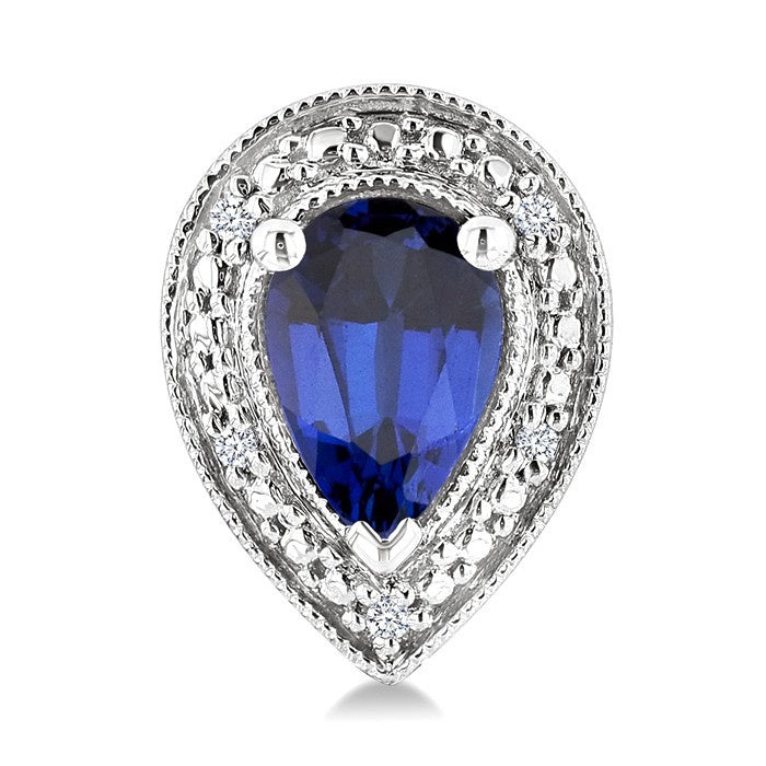 6X4 MM Pear Shape Lab-Created Sapphire and 1/50 Ctw Round Cut Diamond Precious Earrings in Sterling Silver