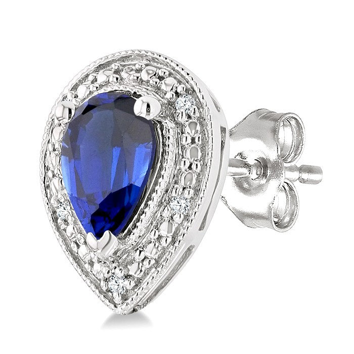 6X4 MM Pear Shape Lab-Created Sapphire and 1/50 Ctw Round Cut Diamond Precious Earrings in Sterling Silver