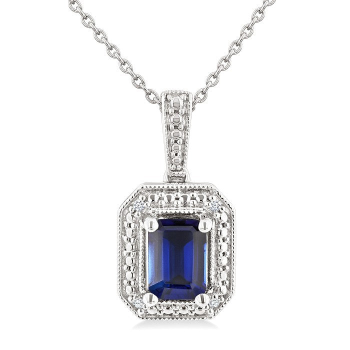 7X5 MM Octagon Shape Lab-Created Sapphire and 1/50 Ctw Round Cut Diamond Precious Pendant With Chain in Sterling Silver