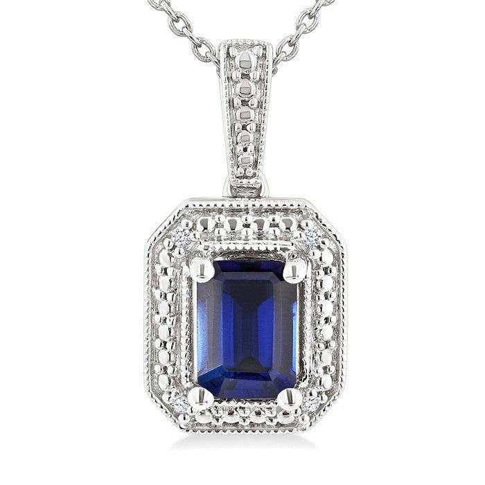 7X5 MM Octagon Shape Lab-Created Sapphire and 1/50 Ctw Round Cut Diamond Precious Pendant With Chain in Sterling Silver