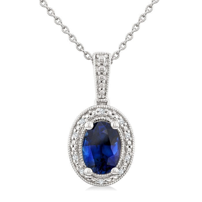 7X5 MM Oval Shape Lab-Created Sapphire and 1/50 Ctw Round Cut Diamond Precious Pendant With Chain in Sterling Silver