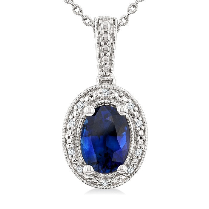 7X5 MM Oval Shape Lab-Created Sapphire and 1/50 Ctw Round Cut Diamond Precious Pendant With Chain in Sterling Silver