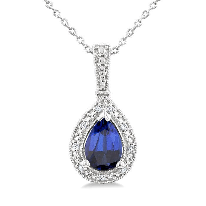 7X5 MM Pear Shape Lab-Created Sapphire and 1/50 Ctw Round Cut Diamond Precious Pendant With Chain in Sterling Silver