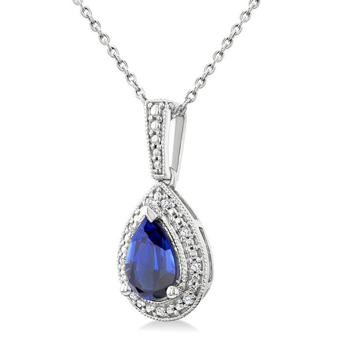 7X5 MM Pear Shape Lab-Created Sapphire and 1/50 Ctw Round Cut Diamond Precious Pendant With Chain in Sterling Silver