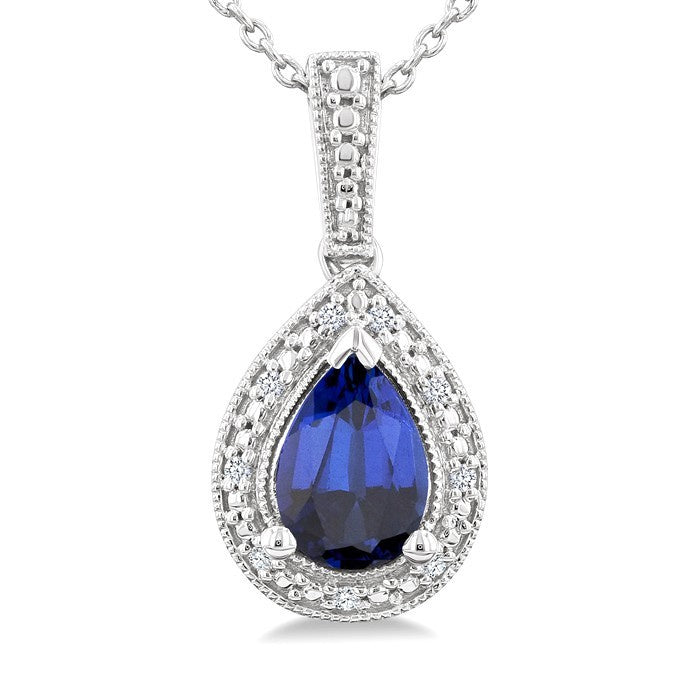7X5 MM Pear Shape Lab-Created Sapphire and 1/50 Ctw Round Cut Diamond Precious Pendant With Chain in Sterling Silver