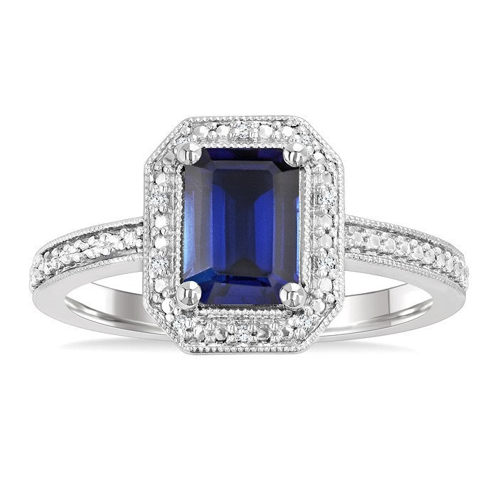 7X5 MM Octagon Shape Lab-Created Sapphire and 1/50 Ctw Round Cut Diamond Precious Ring in Sterling Silver